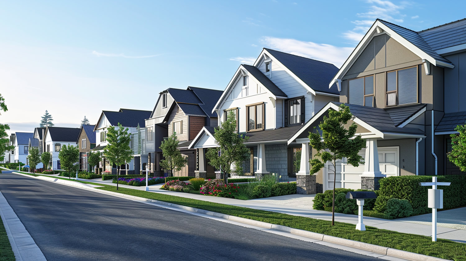 street with row houses blue sky background